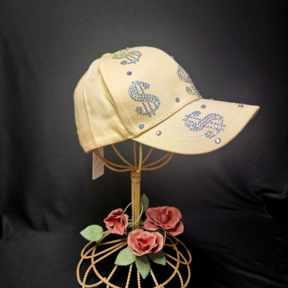Aroura Borealis Rhinestone Dollar Sign Beige Baseball Cap